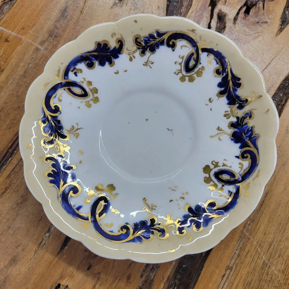 Antique John‎ Ridgway Tea Cup Saucer Cauldon Place Foliage Blue Gilding Acanthus